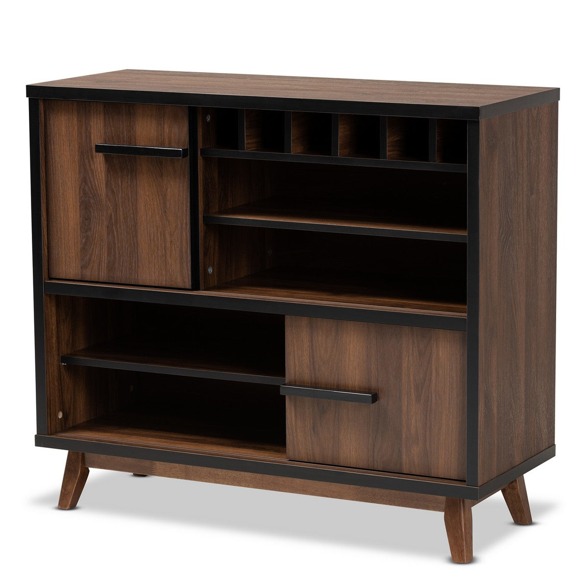 Baxton Studio Margo Mid-Century Modern Two-Tone Walnut Brown and Black Finished Wood Wine Storage Cabinet Baxton Studio-Wine Cabinets-Minimal And Modern - 1