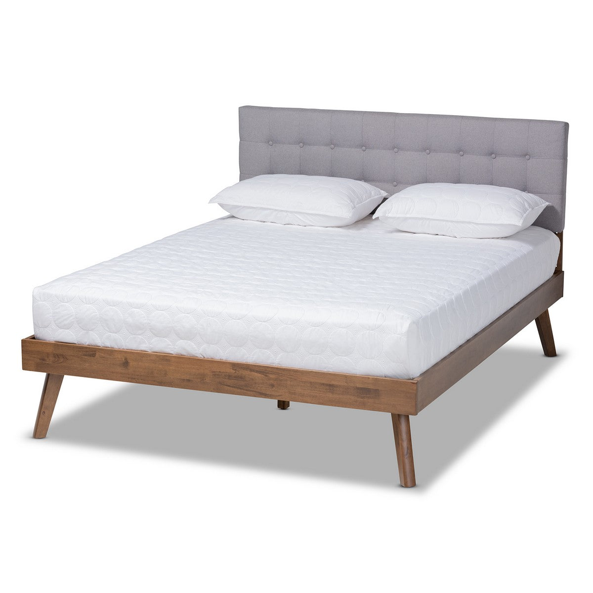 Baxton Studio Devan Mid-Century Modern Light Grey Fabric Upholstered Walnut Brown Finished Wood Queen Size Platform Bed Baxton Studio-beds-Minimal And Modern - 1