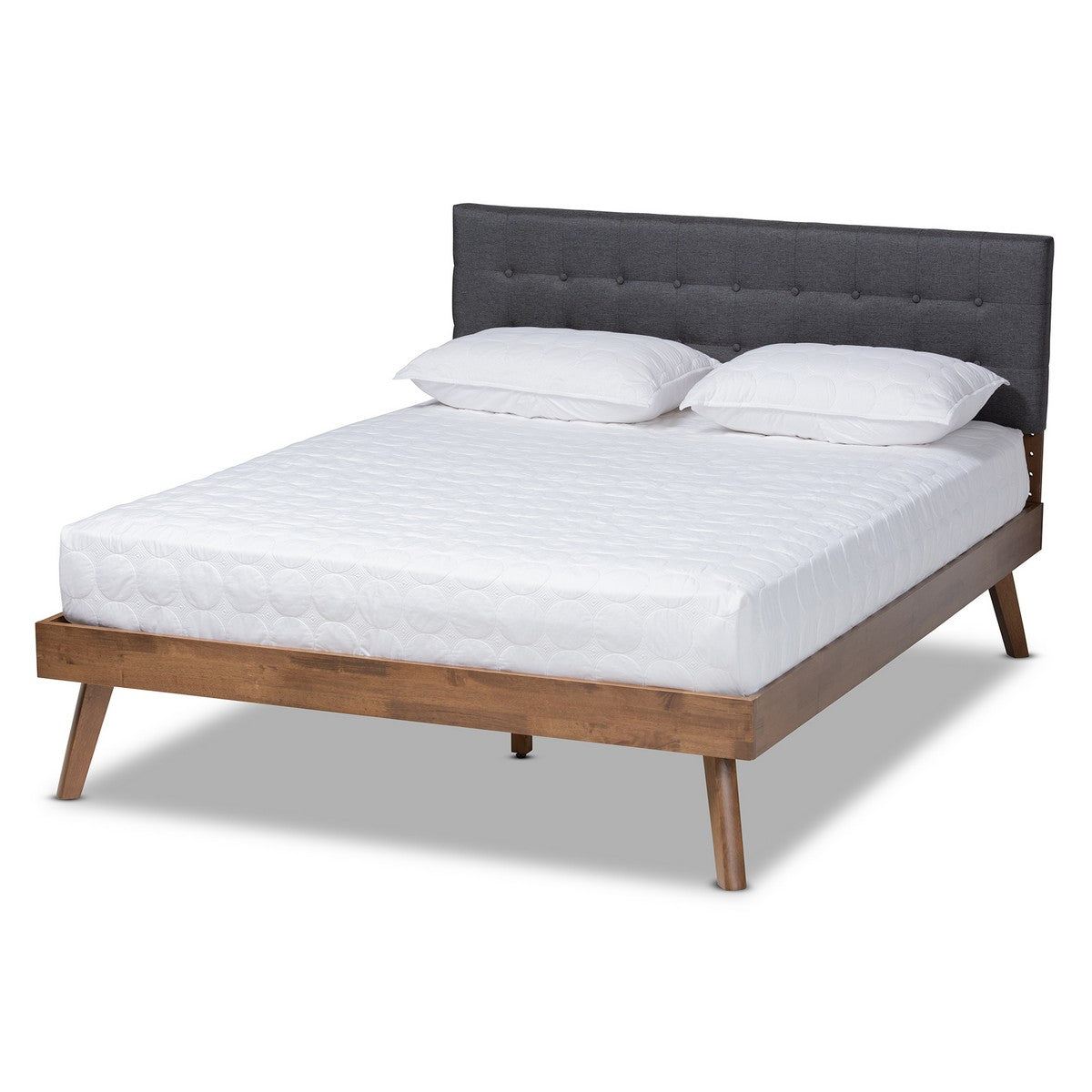 Baxton Studio Devan Mid-Century Modern Dark Grey Fabric Upholstered Walnut Brown Finished Wood Queen Size Platform Bed Baxton Studio-beds-Minimal And Modern - 1