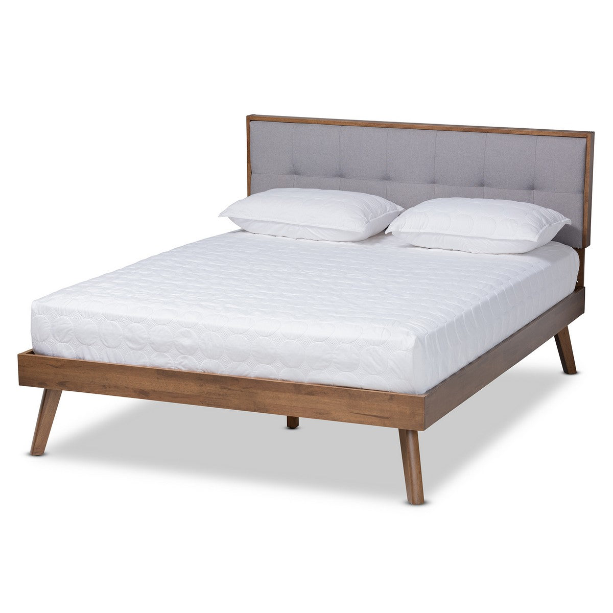 Baxton Studio Alke Mid-Century Modern Light Grey Fabric Upholstered Walnut Brown Finished Wood King Size Platform Bed Baxton Studio-beds-Minimal And Modern - 1