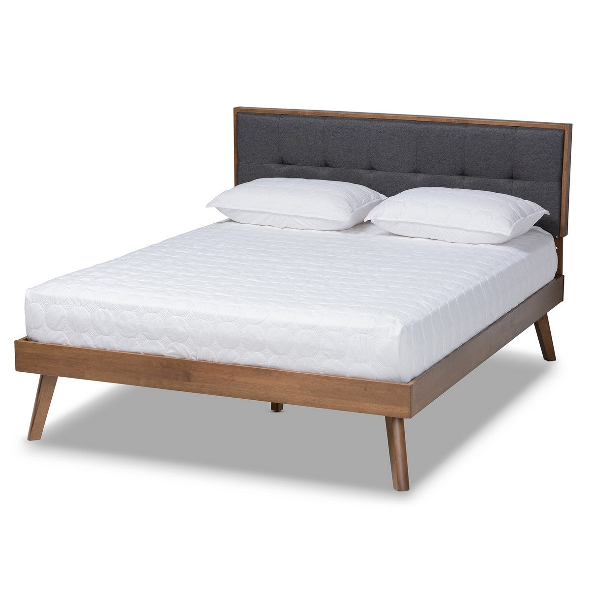 Baxton Studio Alke Mid-Century Modern Dark Grey Fabric Upholstered Walnut Brown Finished Wood King Size Platform Bed Baxton Studio-beds-Minimal And Modern - 1