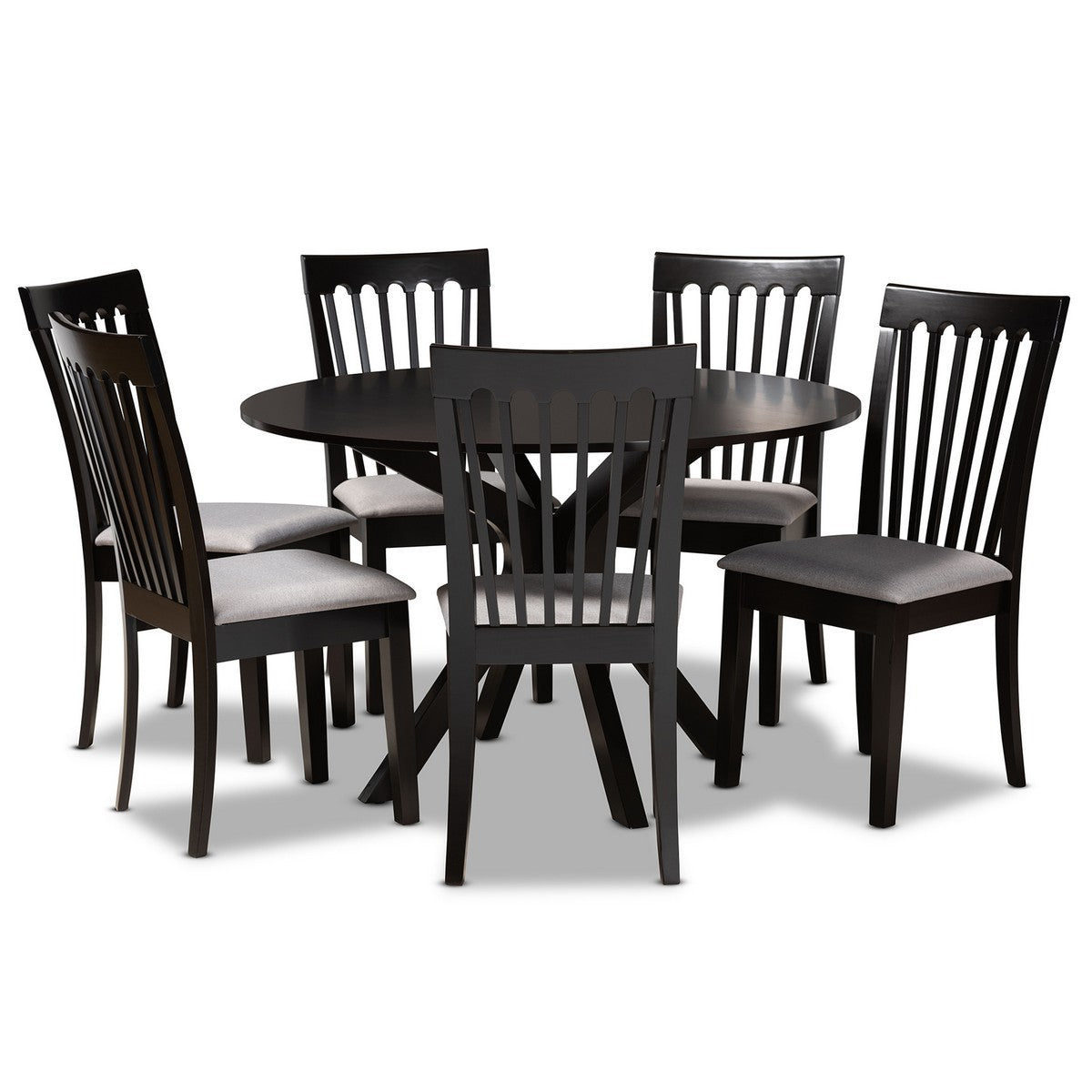 Baxton Studio Lore Modern and Contemporary Grey Fabric Upholstered and Dark Brown Finished Wood 7-Piece Dining Set Baxton Studio-Dining Sets-Minimal And Modern - 1