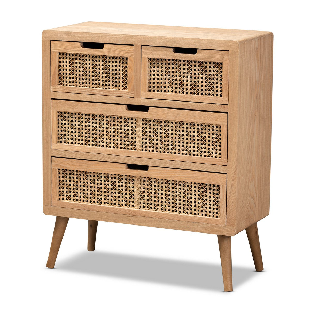 Baxton Studio Alina Mid-Century Modern Medium Oak Finished Wood and Rattan 4-Drawer Accent Chest Baxton Studio-Chests-Minimal And Modern - 1