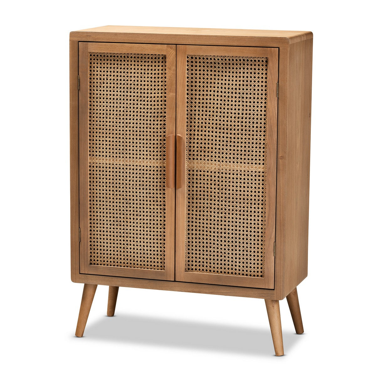 Baxton Studio Alina Mid-Century Modern Medium Oak Finished Wood and Rattan 2-Door Accent Storage Cabinet Baxton Studio-Multipurpose Shelving and Cabinets-Minimal And Modern - 1