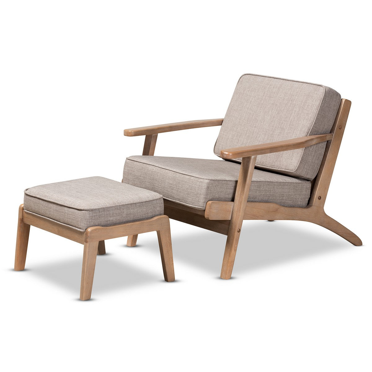 Baxton Studio Sigrid Mid-Century Modern Light Grey Fabric Upholstered Antique Oak Finished 2-Piece Wood Armchair and Ottoman Set Baxton Studio-Living Room Sets-Minimal And Modern - 1