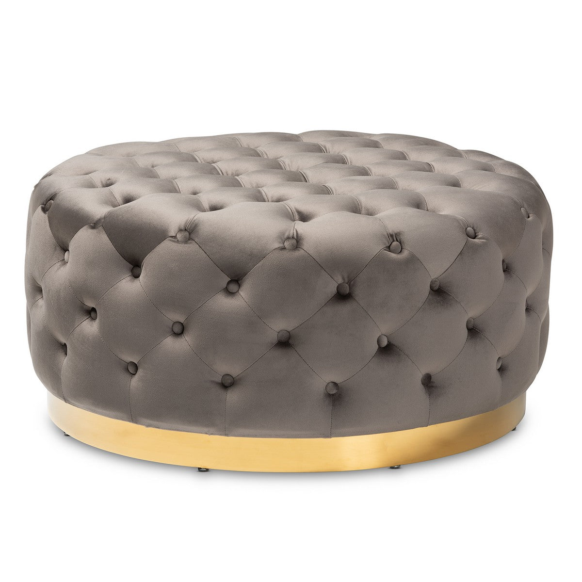 Baxton Studio Sasha Glam and Luxe Grey Velvet Fabric Upholstered Gold Finished Round Cocktail Ottoman Baxton Studio-ottomans-Minimal And Modern - 1