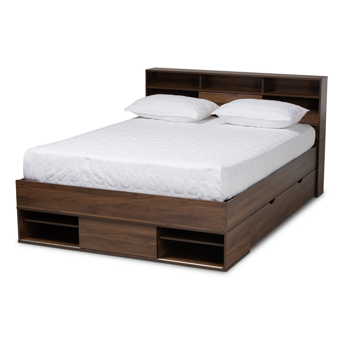 Baxton Studio Tristan Modern and Contemporary Walnut Brown Finished Wood 1-Drawer Queen Size Platform Storage Bed with Shelves Baxton Studio-beds-Minimal And Modern - 1