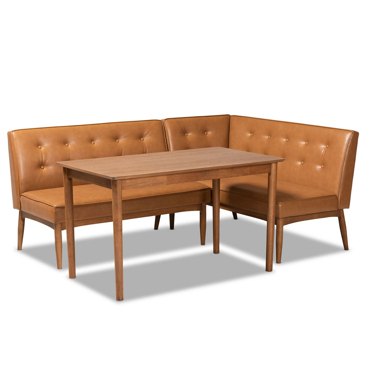 Baxton Studio Arvid Mid-Century Modern Tan Faux Leather Upholstered and Walnut Brown Finished Wood 3-Piece Dining Nook Set Baxton Studio-Breakfast Sets-Minimal And Modern - 1