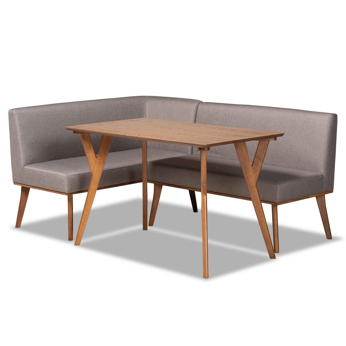 Baxton Studio Odessa Mid-Century Modern Grey Fabric Upholstered and Walnut Brown Finished Wood 3-Piece Dining Nook Set Baxton Studio-Breakfast Sets-Minimal And Modern - 1