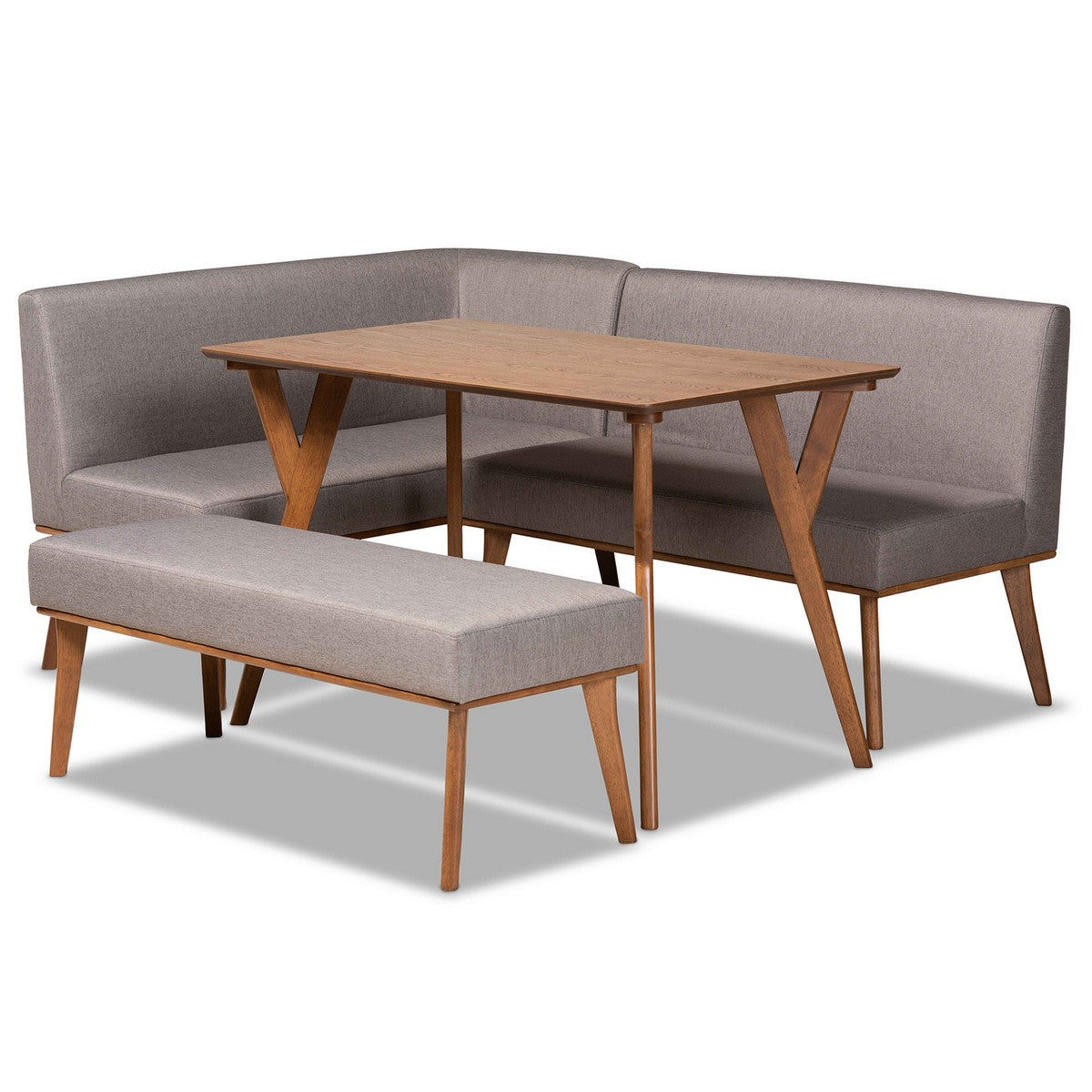 Baxton Studio Odessa Mid-Century Modern Grey Fabric Upholstered and Walnut Brown Finished Wood 4-Piece Dining Nook Set Baxton Studio-Breakfast Sets-Minimal And Modern - 1