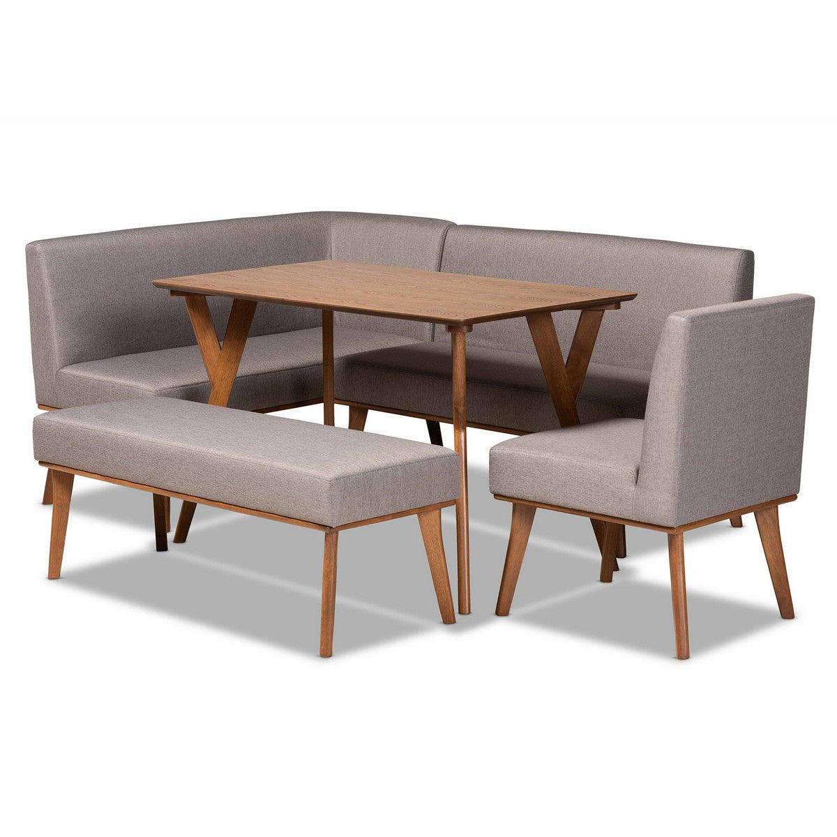 Baxton Studio Odessa Mid-Century Modern Grey Fabric Upholstered and Walnut Brown Finished Wood 5-Piece Dining Nook Set Baxton Studio-Breakfast Sets-Minimal And Modern - 1