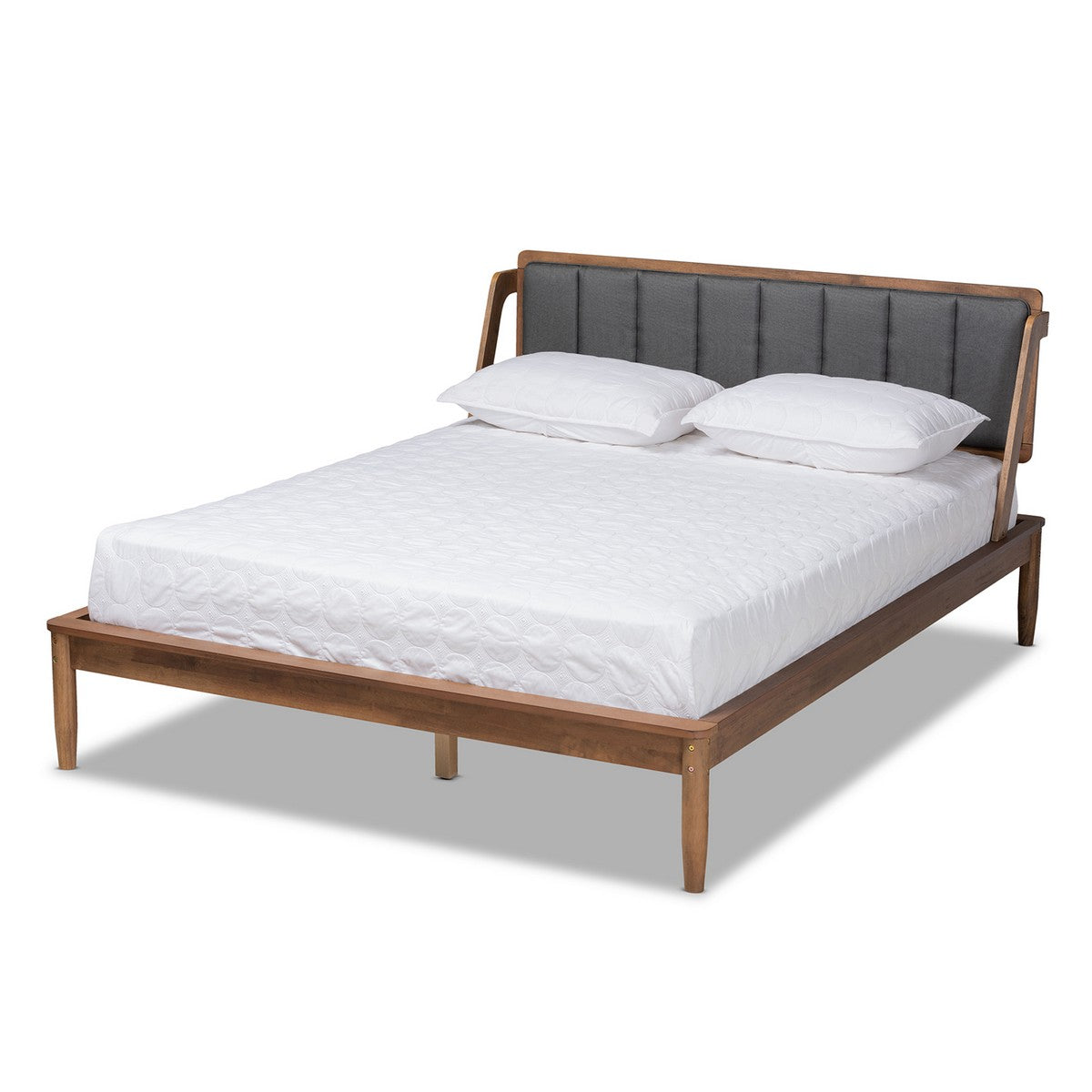 Baxton Studio Helsa Mid-Century Modern Dark Grey Fabric Upholstered and Walnut Finished Queen Size Platform Bed Baxton Studio-beds-Minimal And Modern - 1