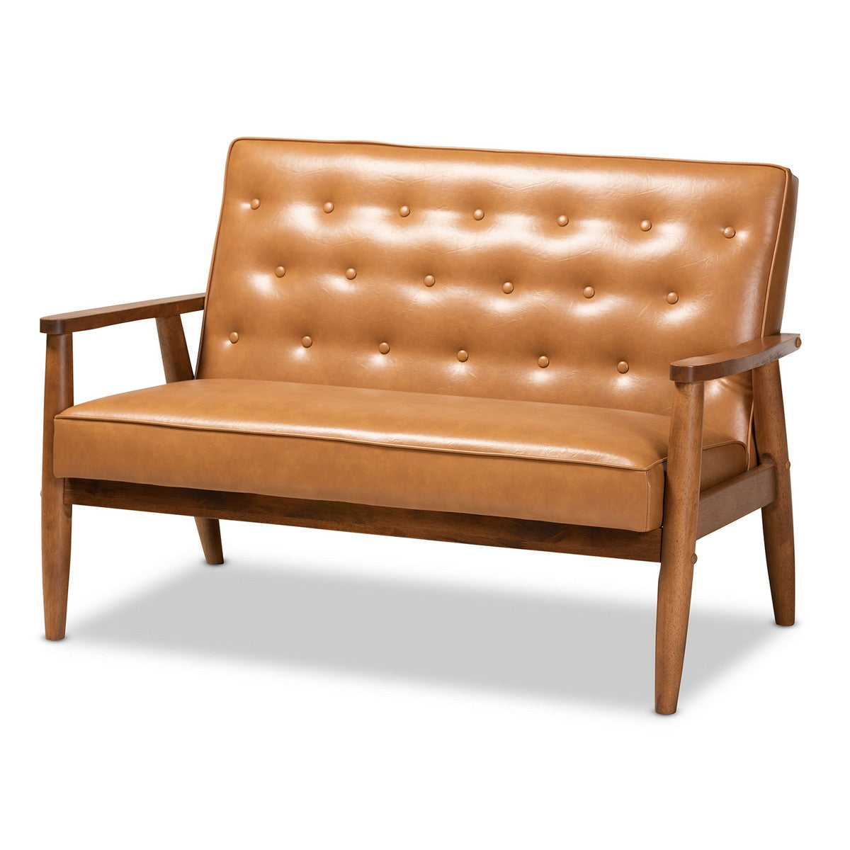 Baxton Studio Sorrento Mid-Century Modern Tan Faux Leather Upholstered and Walnut Brown Finished Wood Loveseat Baxton Studio-loveseat-Minimal And Modern - 1