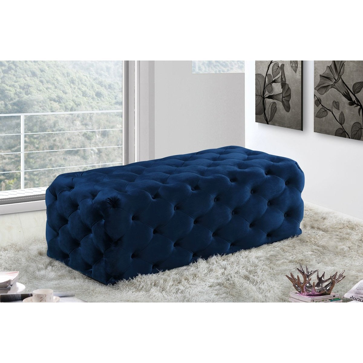 Meridian Furniture Casey Navy Velvet Ottoman/Bench-Minimal & Modern