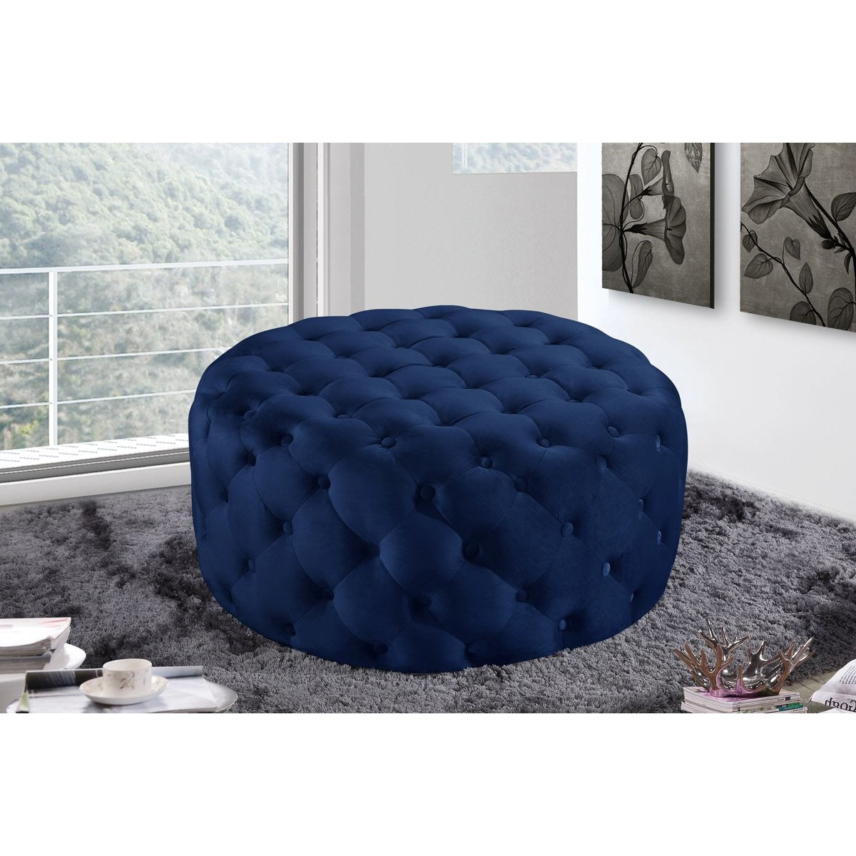 Meridian Furniture Addison Navy Velvet Ottoman/Bench-Minimal & Modern