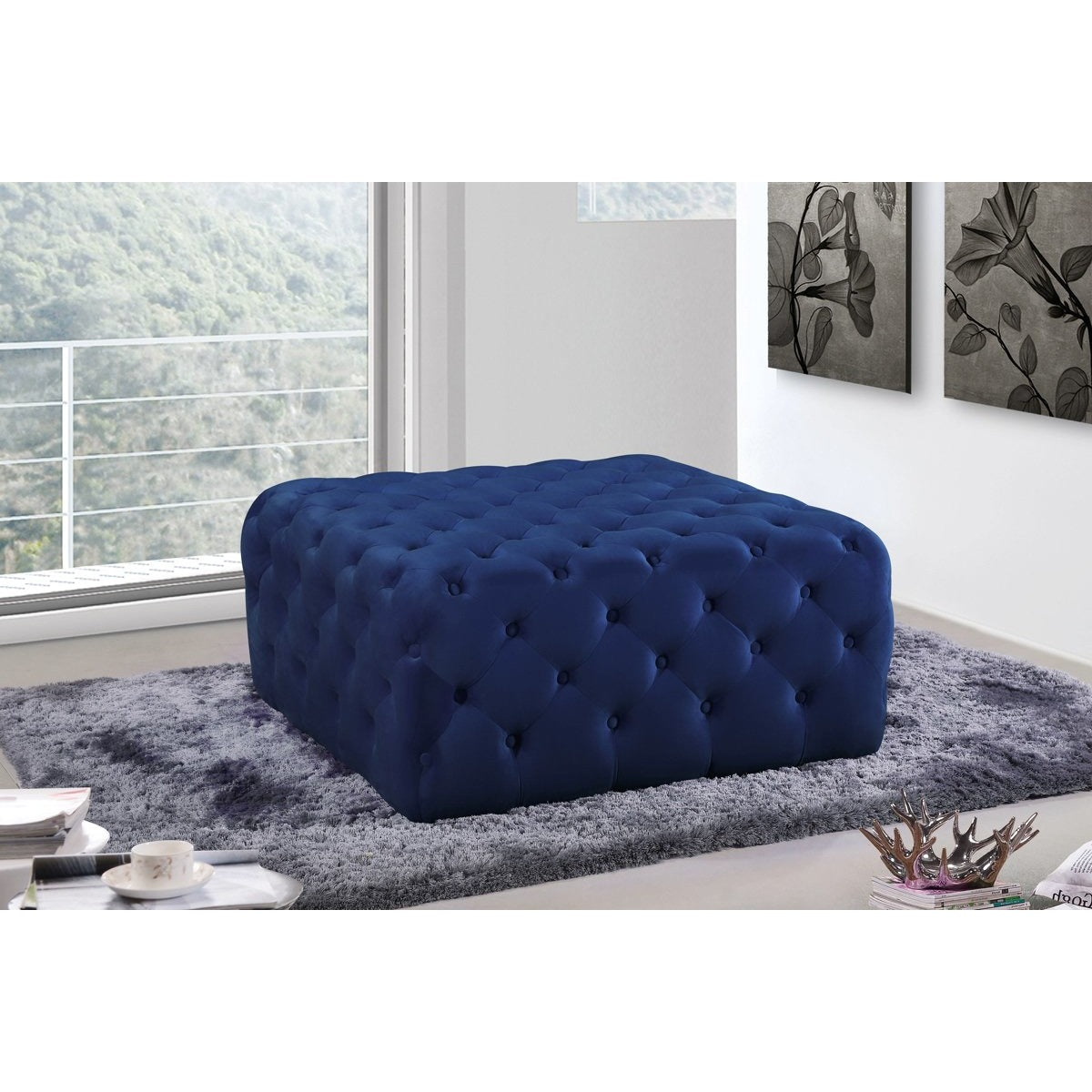 Meridian Furniture Ariel Navy Velvet Ottoman/Bench-Minimal & Modern