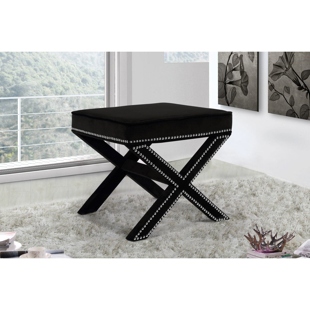 Meridian Furniture Nixon Black Velvet Ottoman/Bench-Minimal & Modern