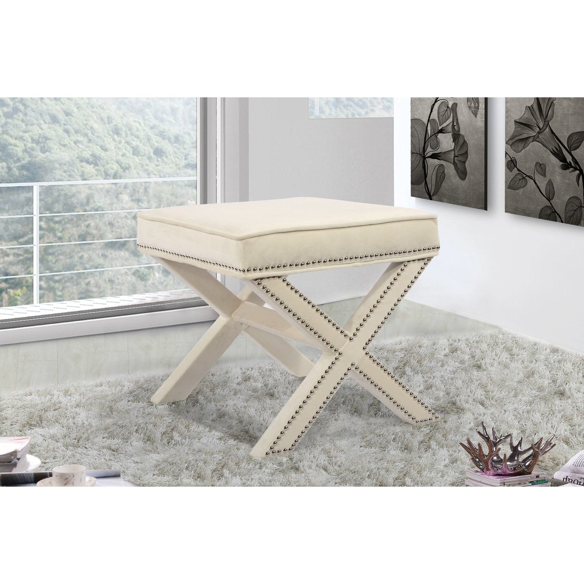 Meridian Furniture Nixon Cream Velvet Ottoman/Bench-Minimal & Modern