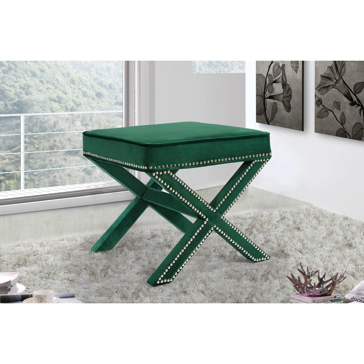 Meridian Furniture Nixon Green Velvet Ottoman/Bench-Minimal & Modern