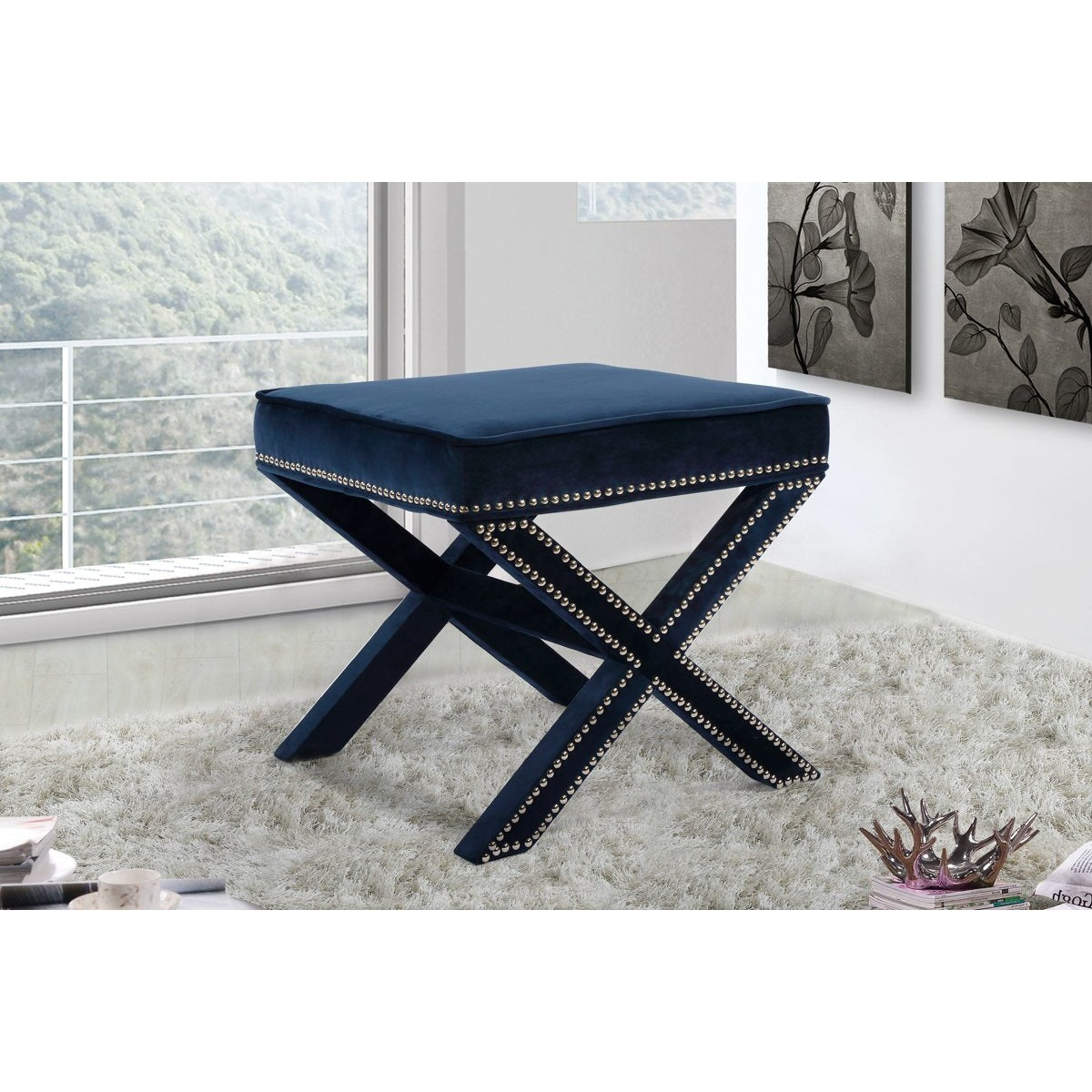 Meridian Furniture Nixon Navy Velvet Ottoman/Bench-Minimal & Modern