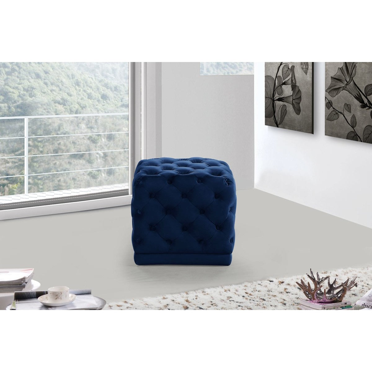 Meridian Furniture Stella Navy Velvet Ottoman/Stool-Minimal & Modern