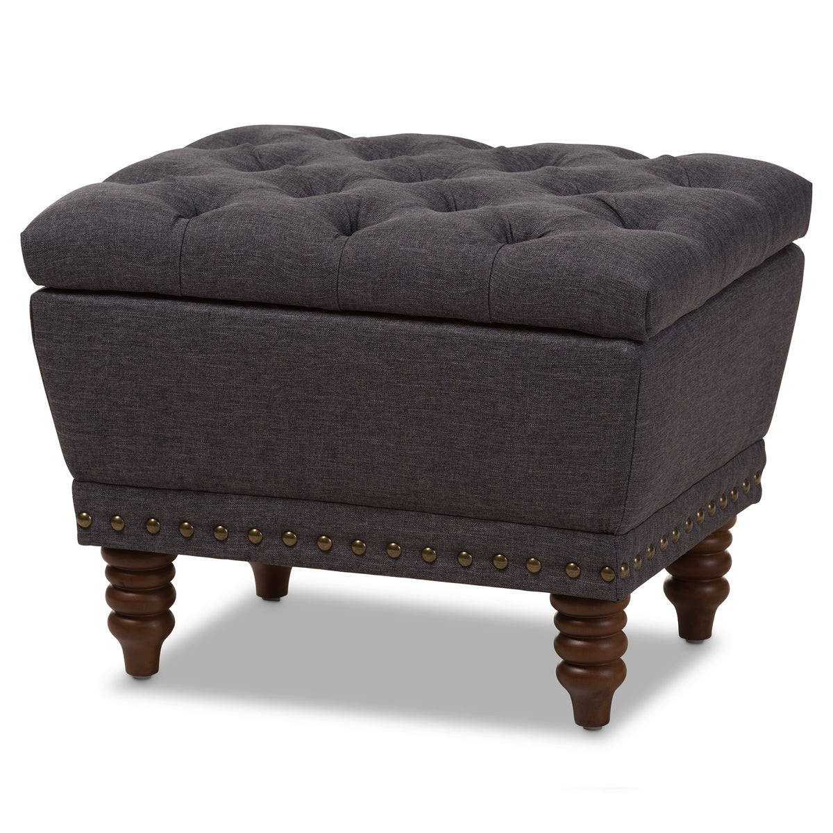 Baxton Studio Annabelle Modern and Contemporary Dark Grey Fabric Upholstered Walnut Wood Finished Button-Tufted Storage Ottoman Baxton Studio-ottomans-Minimal And Modern - 2