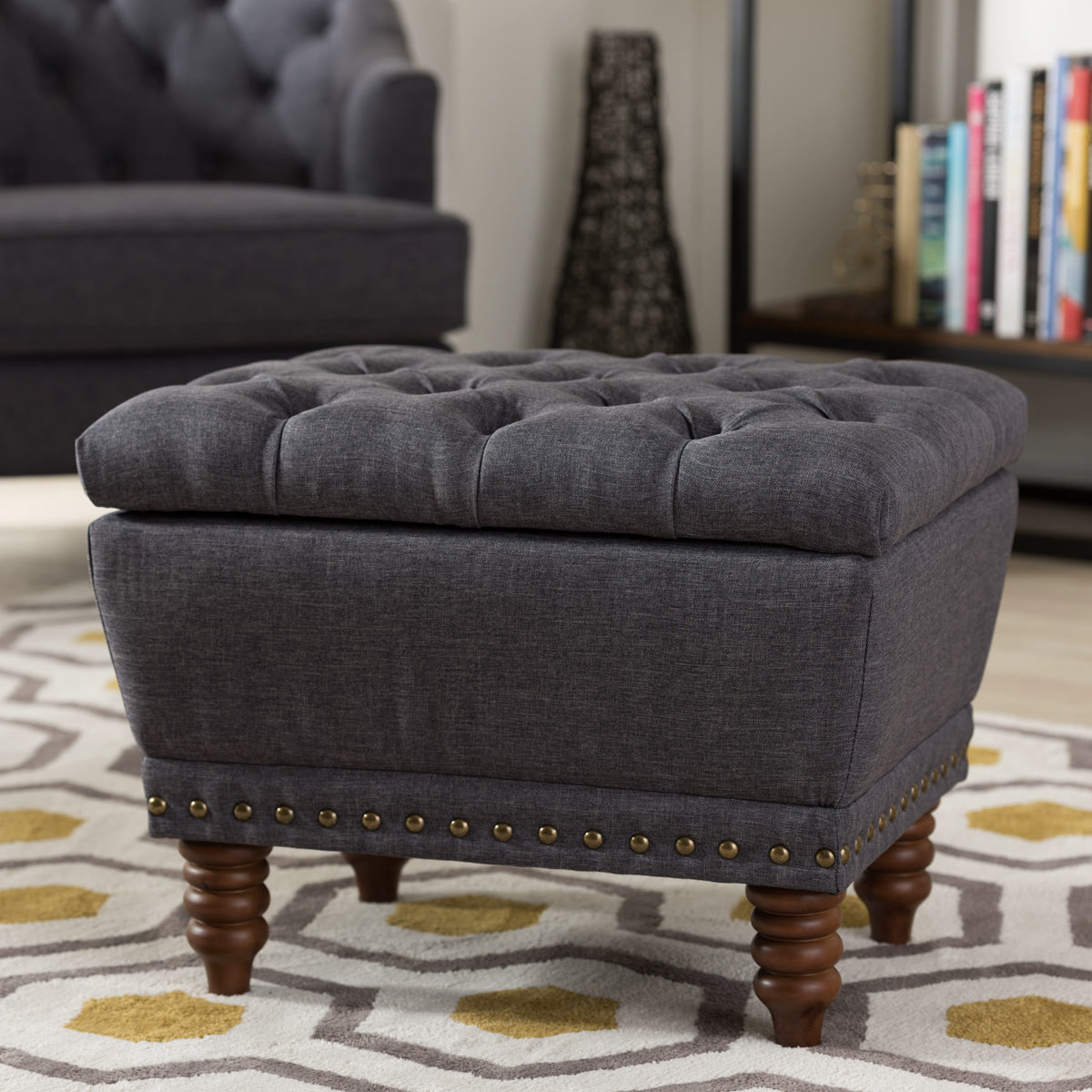 Baxton Studio Annabelle Modern and Contemporary Dark Grey Fabric Upholstered Walnut Wood Finished Button-Tufted Storage Ottoman Baxton Studio-ottomans-Minimal And Modern - 1