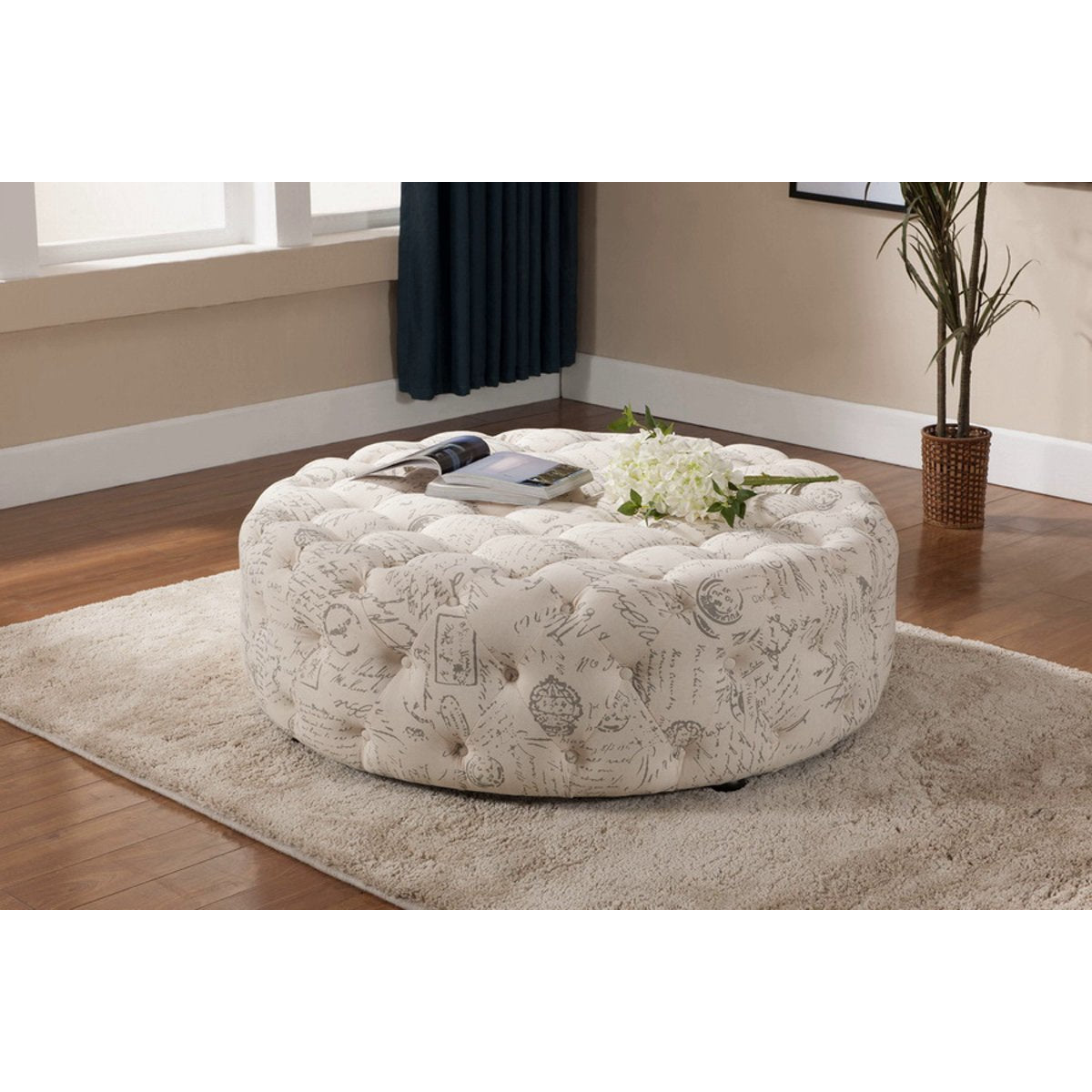 Baxton Studio Cardiff Beige Script Print Modern Tufted Ottoman Baxton Studio-ottomans-Minimal And Modern - 5