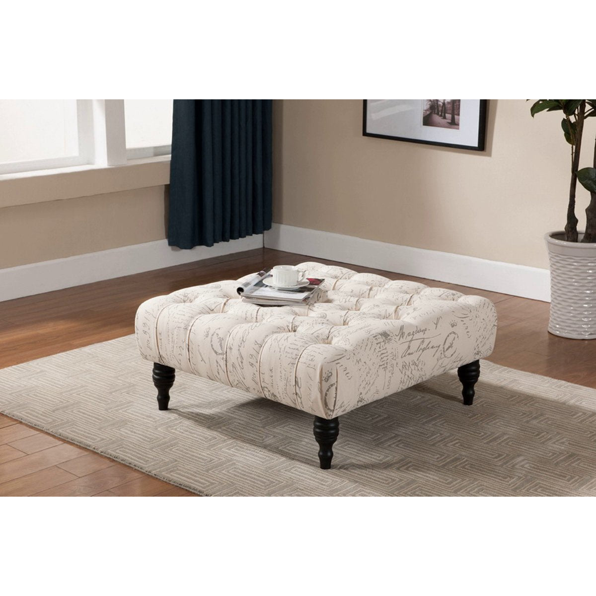 Baxton Studio Keswick Beige Script Print Modern Tufted Ottoman Baxton Studio-ottomans-Minimal And Modern - 4