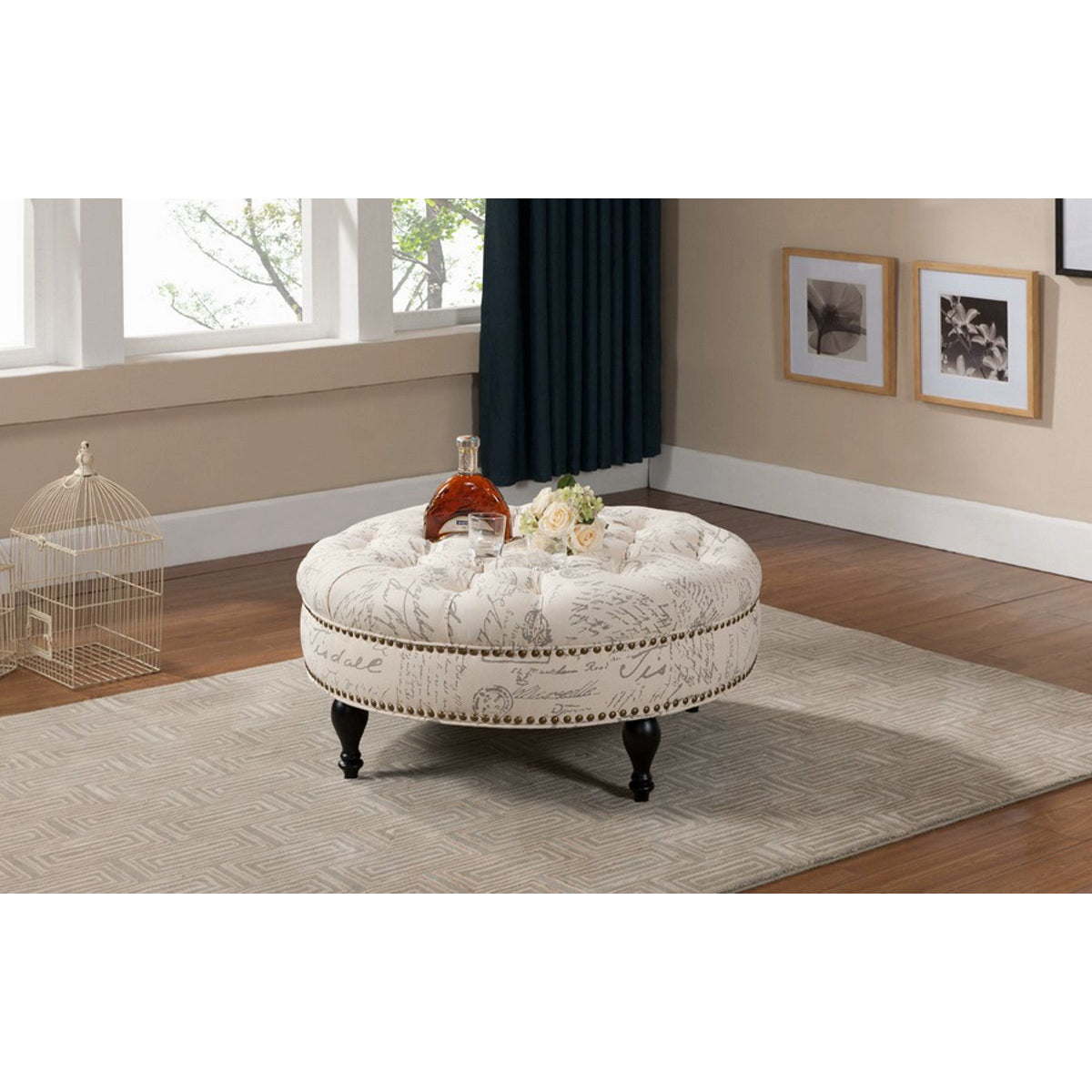 Baxton Studio Palfrey Beige Script Print Modern Tufted Ottoman Baxton Studio-ottomans-Minimal And Modern - 3