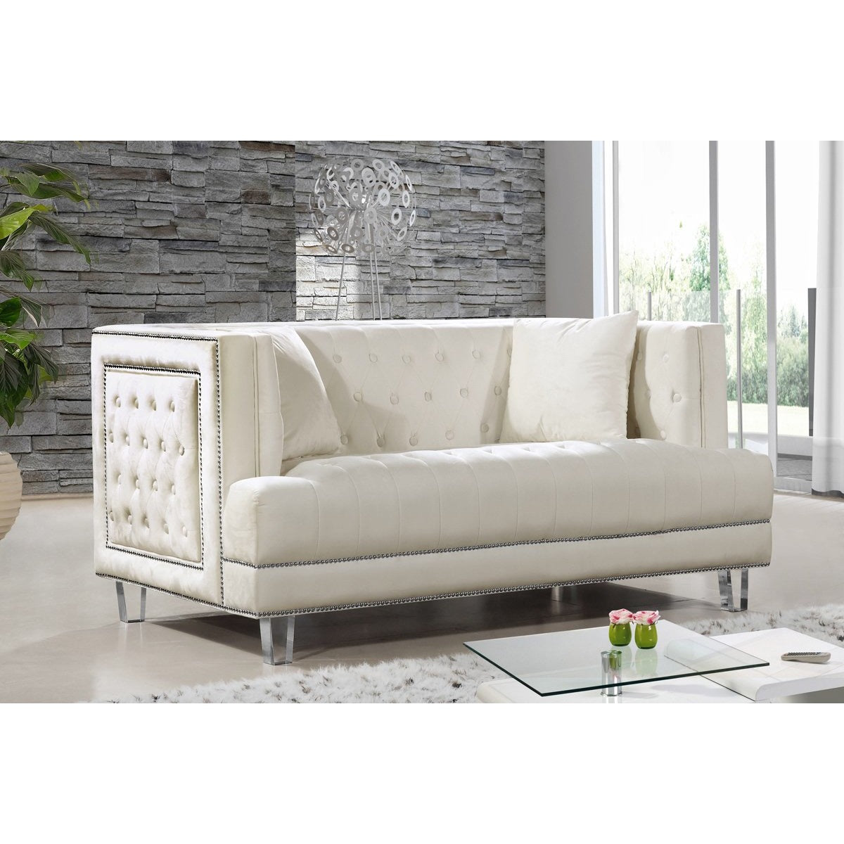 Meridian Furniture Lucas Cream Velvet Loveseat-Minimal & Modern