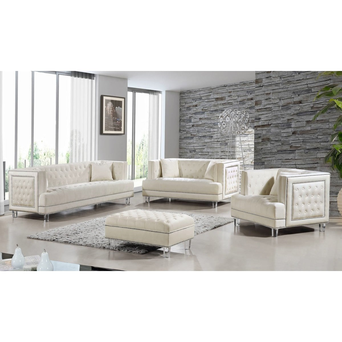 Meridian Furniture Lucas Cream Velvet Ottoman-Minimal & Modern