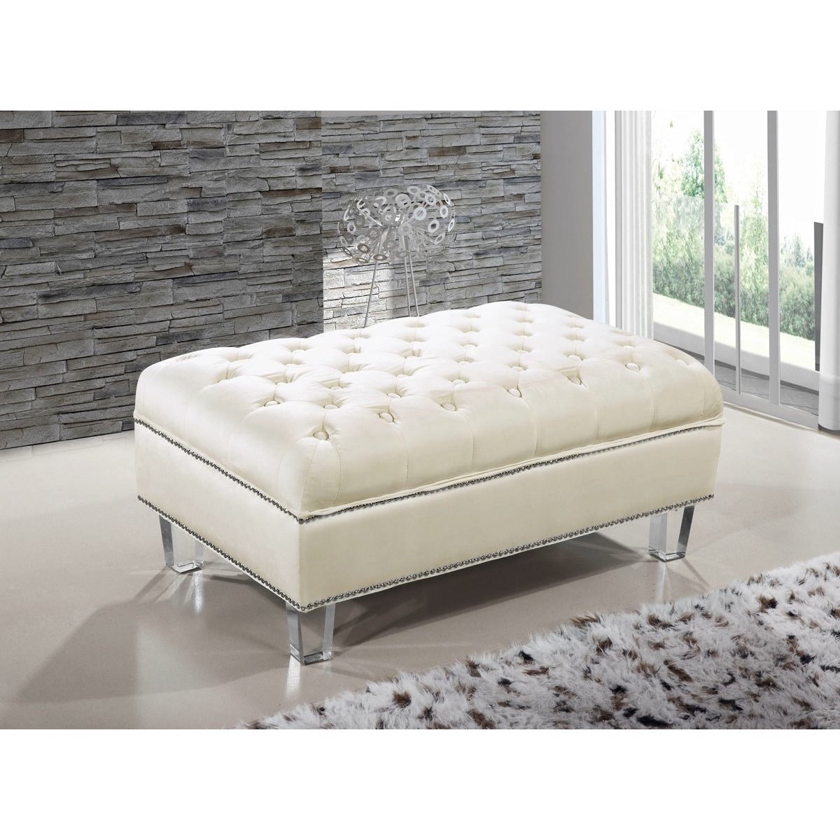 Meridian Furniture Lucas Cream Velvet Ottoman-Minimal & Modern