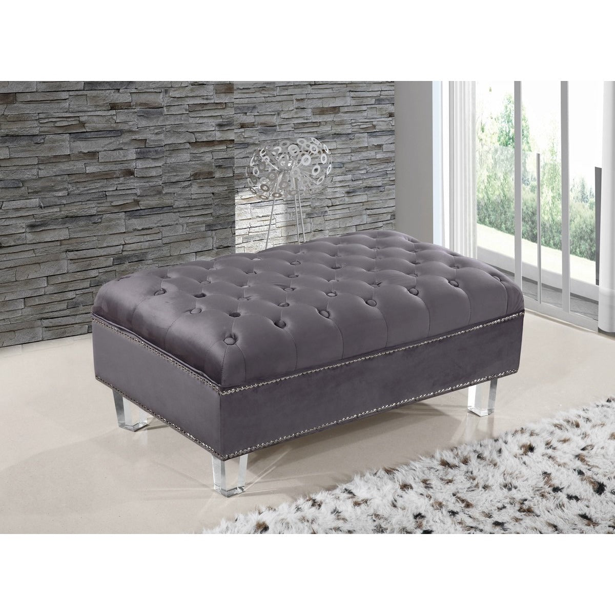 Meridian Furniture Lucas Grey Velvet Ottoman-Minimal & Modern