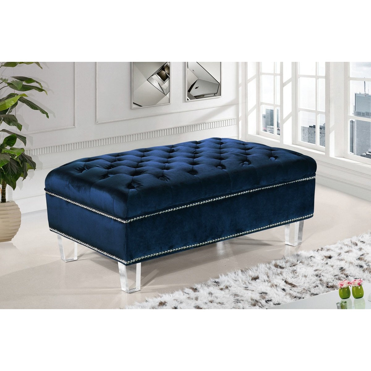 Meridian Furniture Lucas Navy Velvet Ottoman-Minimal & Modern