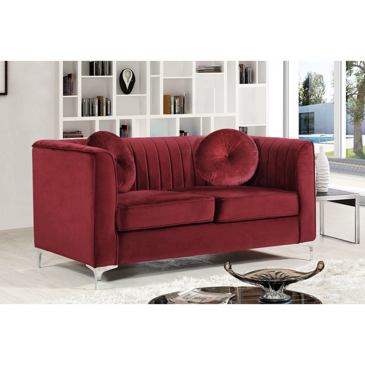 Meridian Furniture Isabelle Burgundy Velvet Loveseat-Minimal & Modern