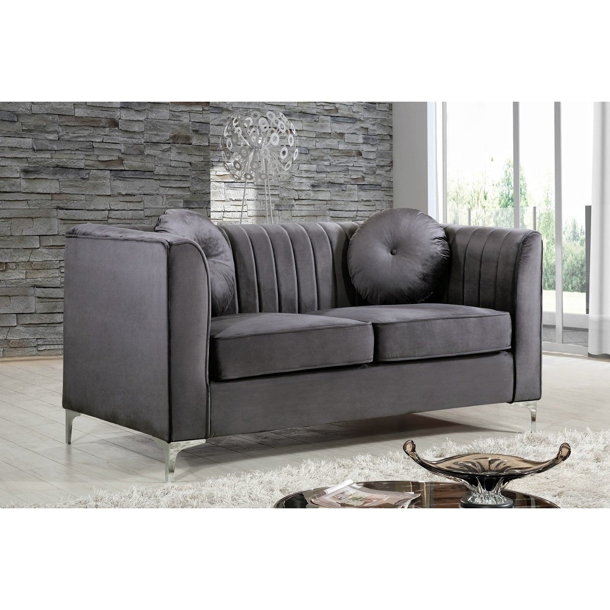 Meridian Furniture Isabelle Grey Velvet Loveseat-Minimal & Modern