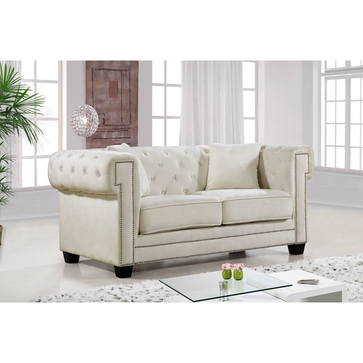 Meridian Furniture Bowery Cream Velvet Loveseat-Minimal & Modern