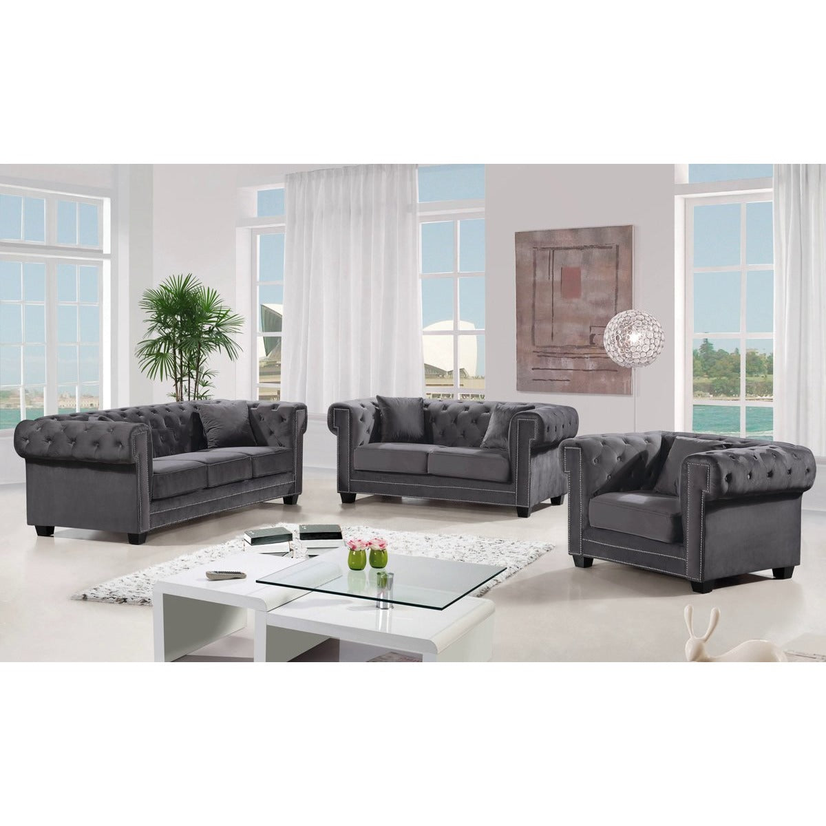 Meridian Furniture Bowery Grey Velvet Loveseat-Minimal & Modern