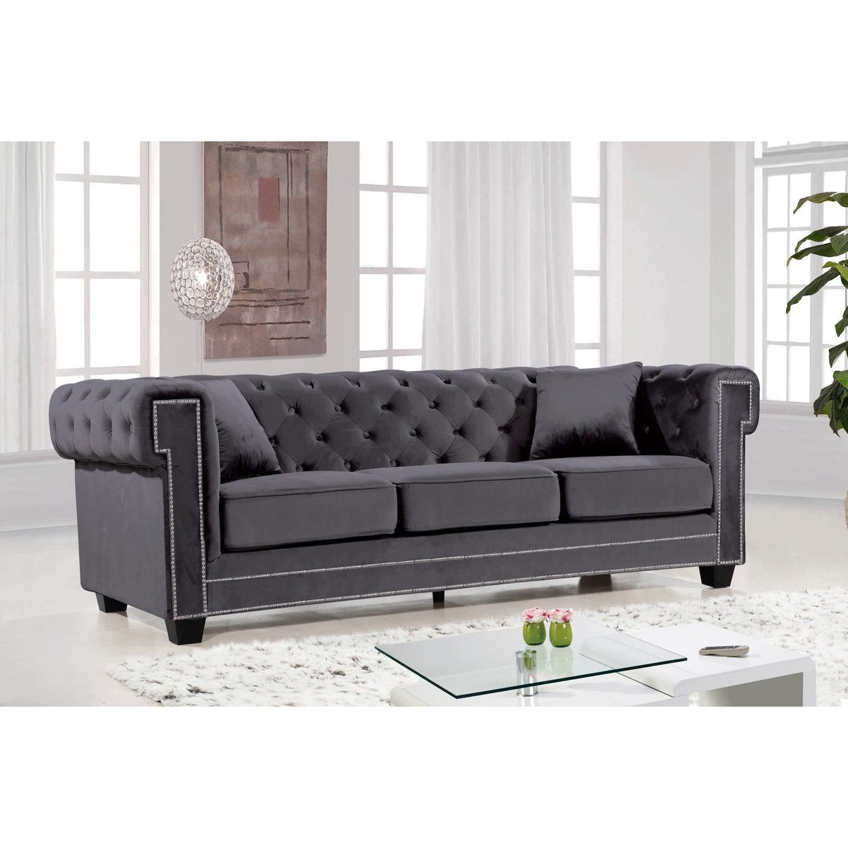 Meridian Furniture Bowery Grey Velvet Sofa-Minimal & Modern