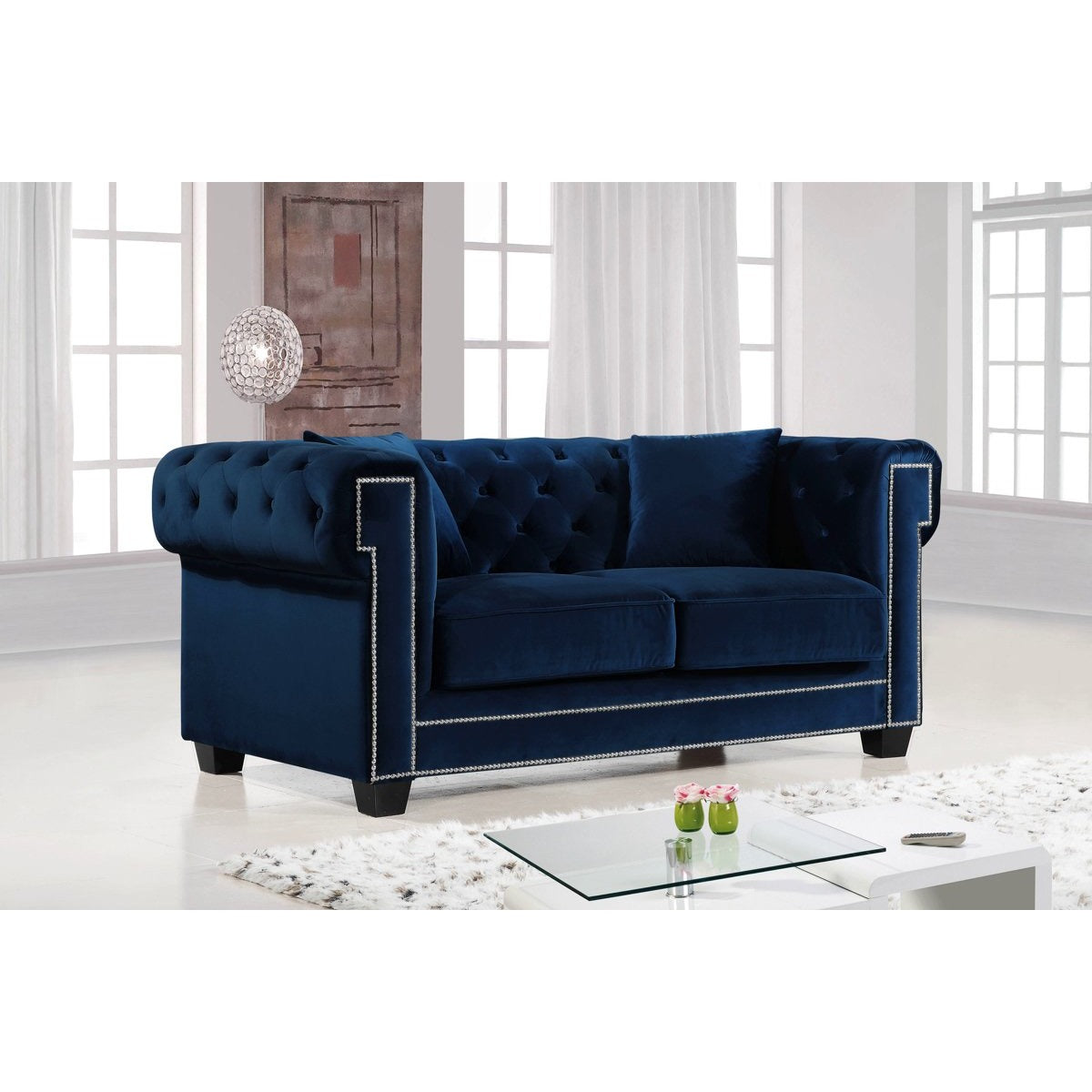 Meridian Furniture Bowery Navy Velvet Loveseat-Minimal & Modern