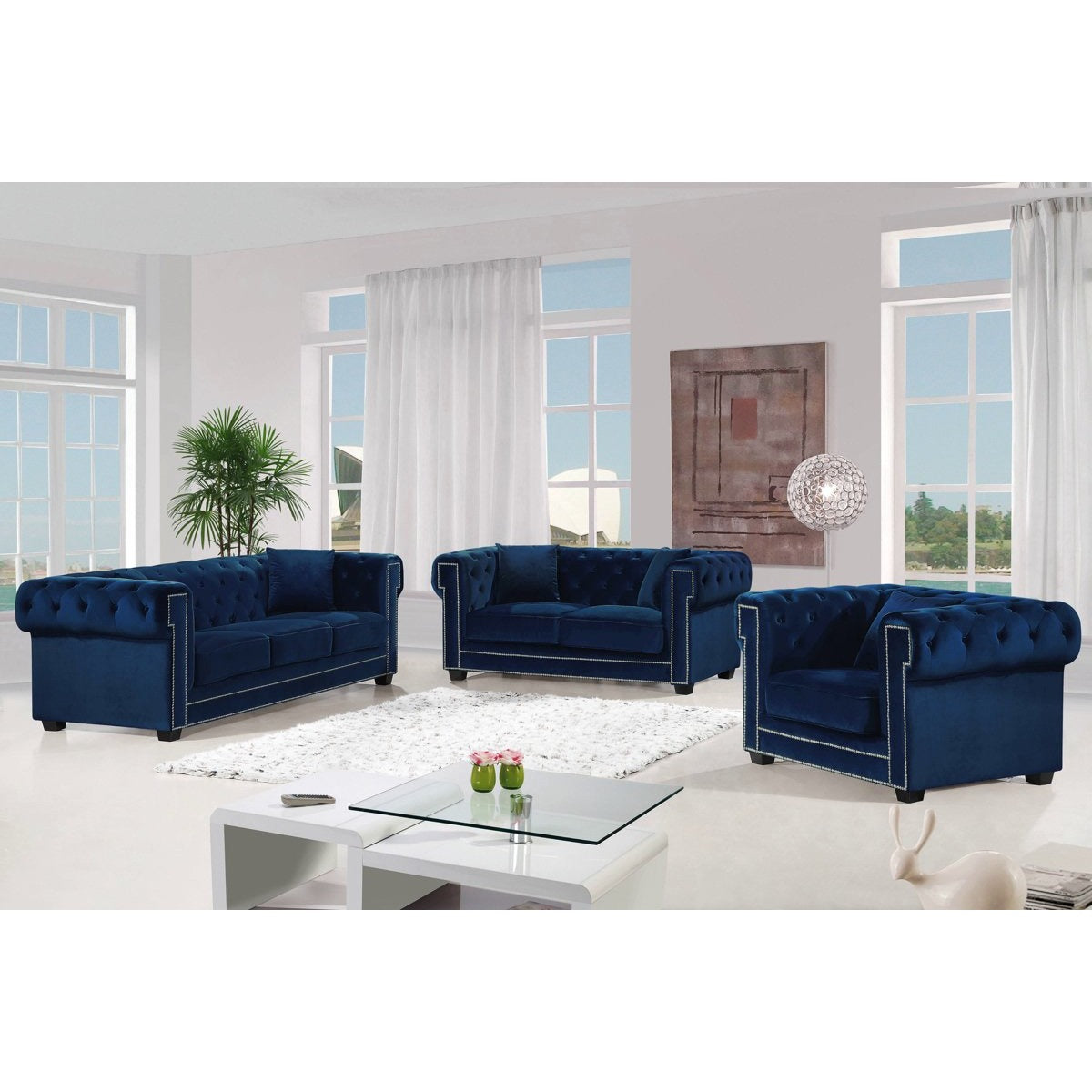 Meridian Furniture Bowery Navy Velvet Sofa-Minimal & Modern