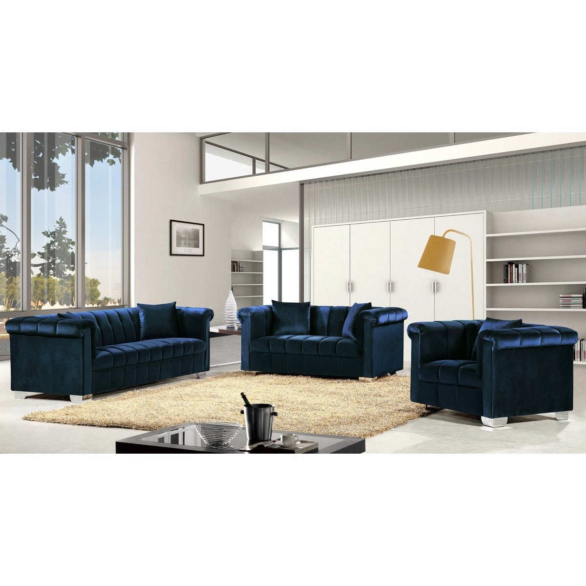 Meridian Furniture Kayla Navy Velvet Sofa-Minimal & Modern