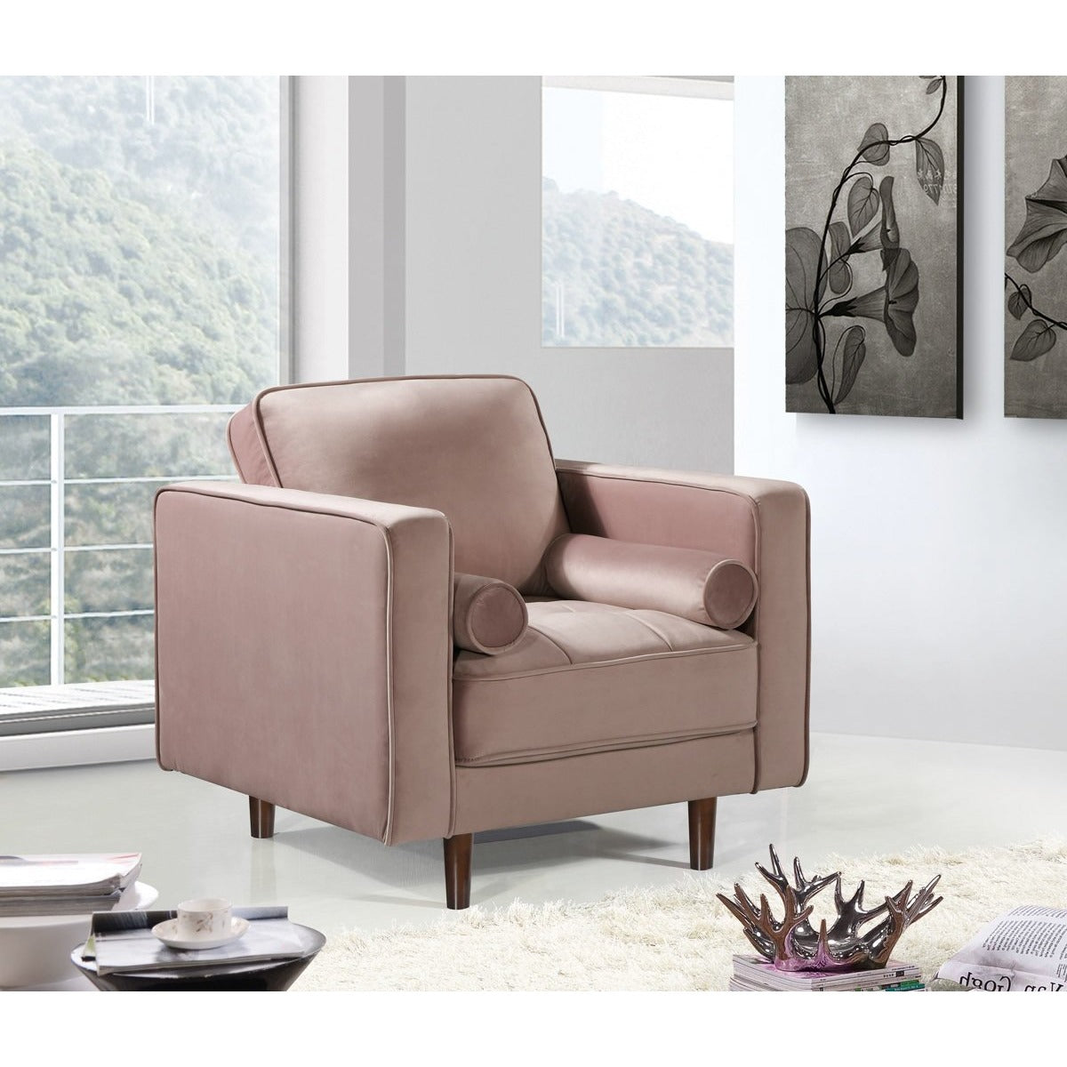 Meridian Furniture Emily Pink Velvet Chair-Minimal & Modern