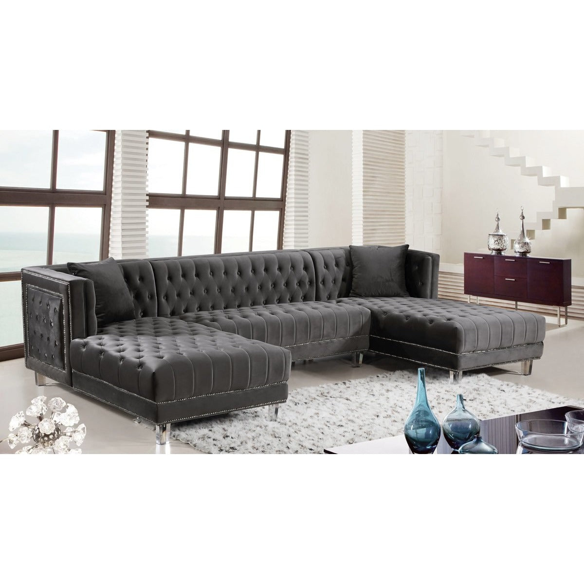 Meridian Furniture Moda Grey Velvet 3pc. Sectional-Minimal & Modern