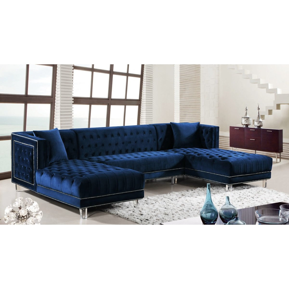 Meridian Furniture Moda Navy Velvet 3pc. Sectional-Minimal & Modern