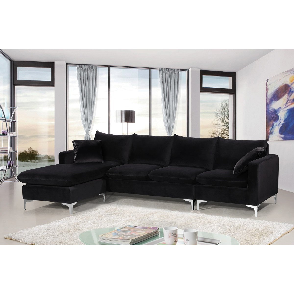 Meridian Furniture Naomi Black Velvet 3pc. Sectional-Minimal & Modern