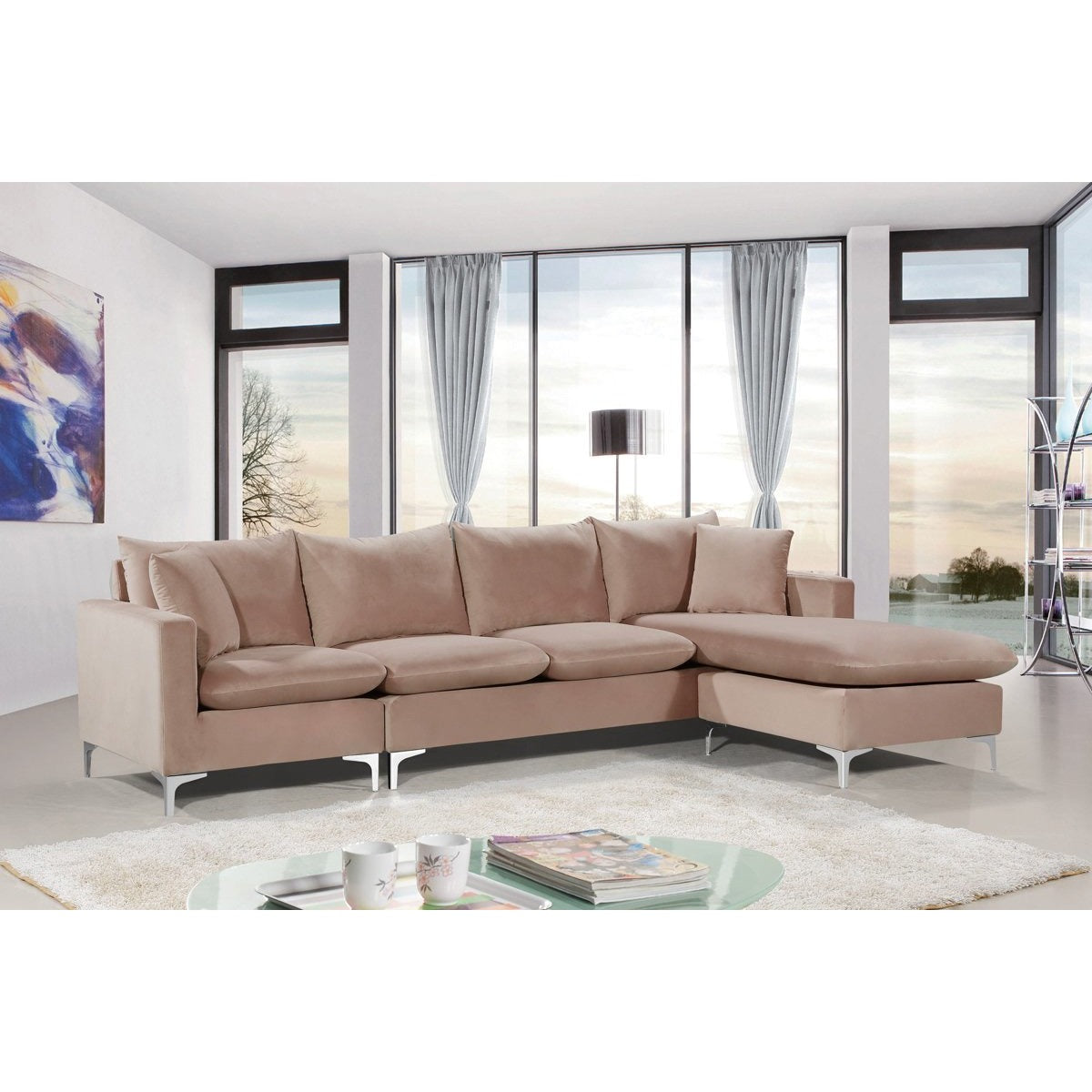 Meridian Furniture Naomi Pink Velvet 3pc. Sectional-Minimal & Modern