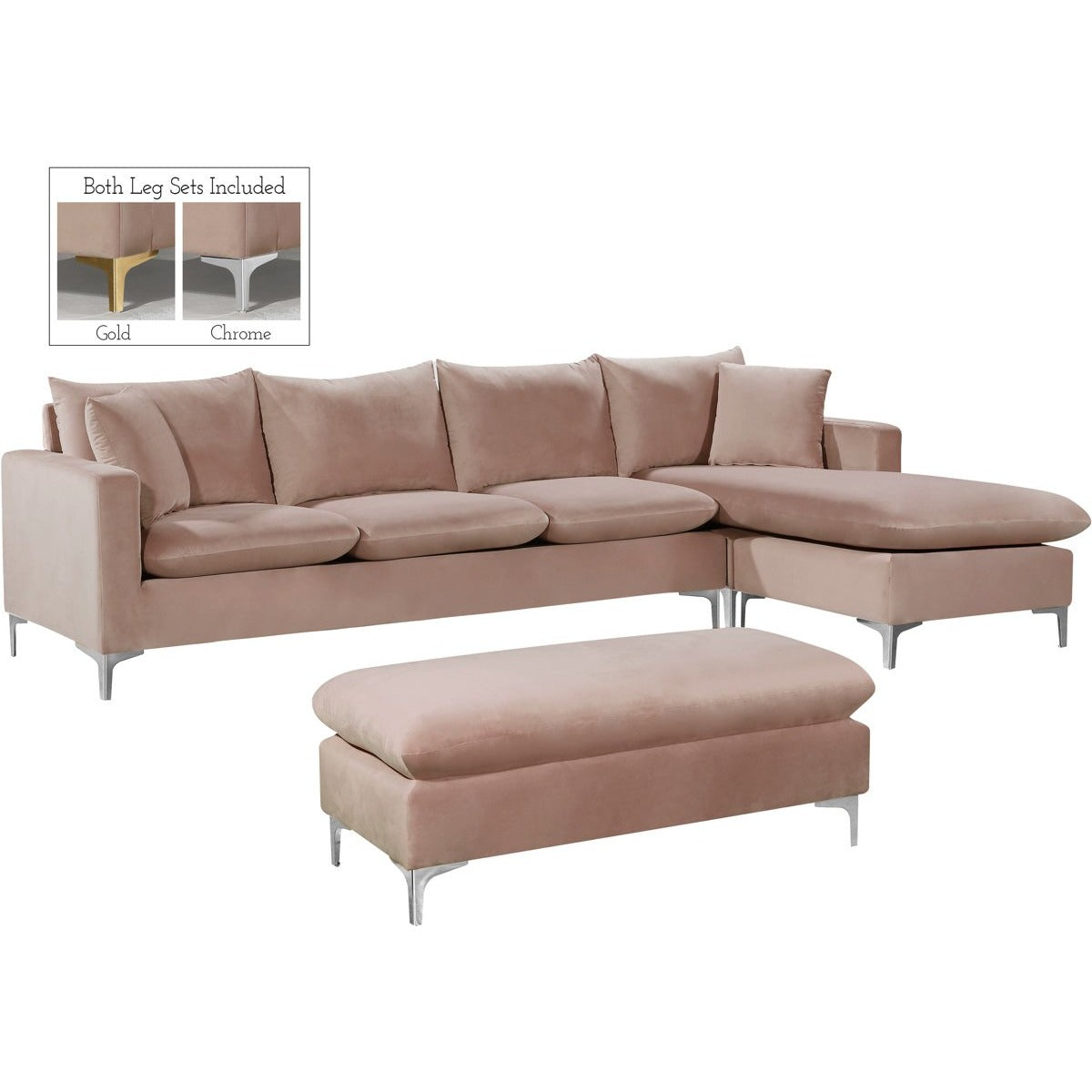 Meridian Furniture Naomi Pink Velvet 3pc. Sectional-Minimal & Modern