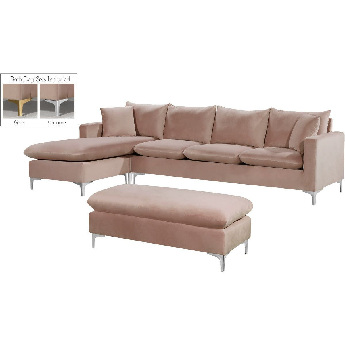 Meridian Furniture Naomi Pink Velvet 3pc. Sectional-Minimal & Modern